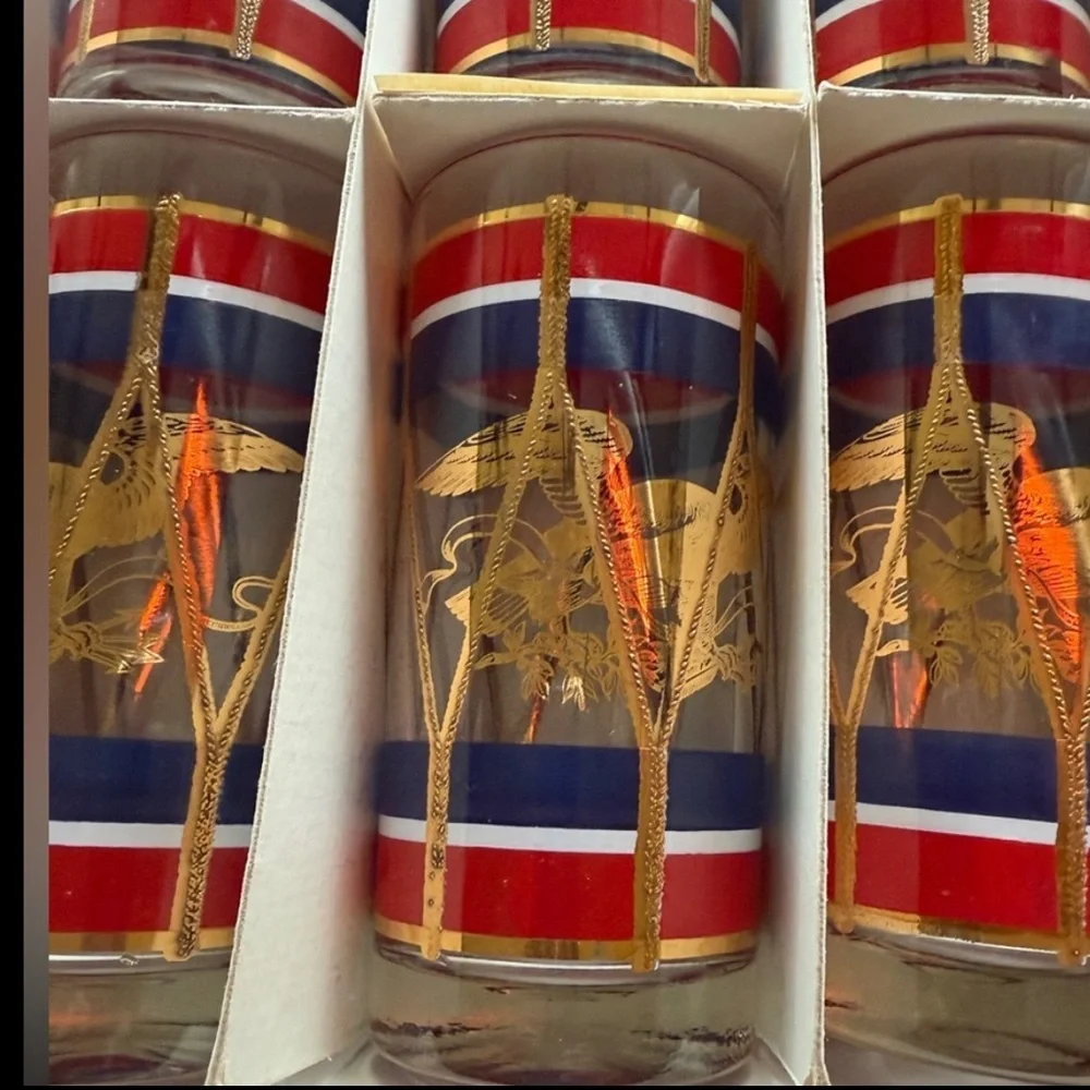 Set/8 Antique House Art Hi Ball Set Red White Blue & Gold Eagle Drum Design